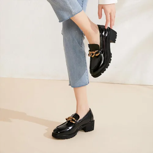 Vista 2 de Mocasines gruesos de plataforma para mujer, cómodos mocasines sin cordones con cadena de piel sintética