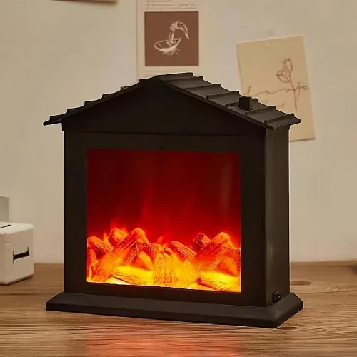 Vista 20 de Farol de chimenea pequeño y acogedor tradicional realista con efecto de llama de leña, luz LED, estilo carbón, lámpara de mesa