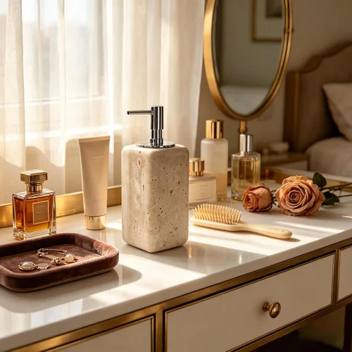 Vista 2 de Dispensador de jabón de travertino, accesorios de baño, dispensador de loción de piedra cuadrada orgánica natural prémium con bomba de metal