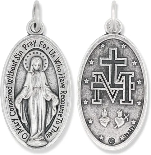 Vista 2 de Caritas et Fides Paquete de 5 medallas milagrosas ovaladas grandes en inglés (1.125 pulgadas, plata oxidada) – Hecho en Italia, colgante de María