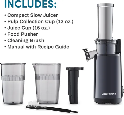 Vista 3 de Elite Gourmet Exprimidor lento compacto de masticación, extractor de jugo de prensa en frío, sin BPA, con exprimidor eléctrico de cítricos, control