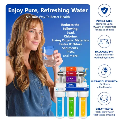 Vista 3 de EXPRESS WATER Sistema de filtración de agua por ósmosis inversa UV - Filtro de agua UV de 11 etapas con grifo y tanque - Filtro de agua debajo