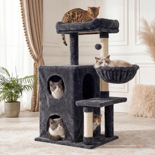 Vista 9 de Fansafurn Árbol de varios niveles para gatos de interior, torre moderna para gatos con camas dobles y postes rascadores, árbol para gatos grandes