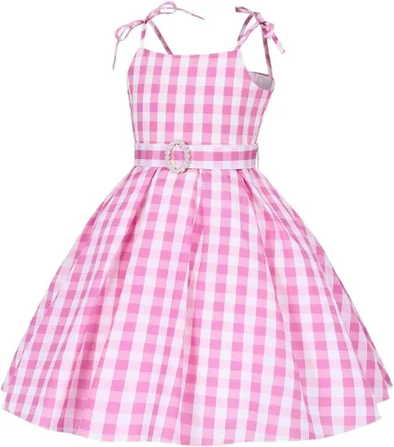 Vista 2 de SZ-TONDA Vestido con correa para disfraz a cuadros rosados para niñas Ropa de fiesta de Halloween 2023 para niños, cosplay, cumpleaños, fiesta