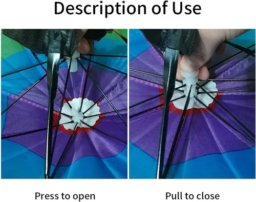 Vista 5 de Sombrero de paraguas para adultos y niños, protección contra la lluvia y el sol manos libres, diseño colorido de arco iris para pesca, senderismo
