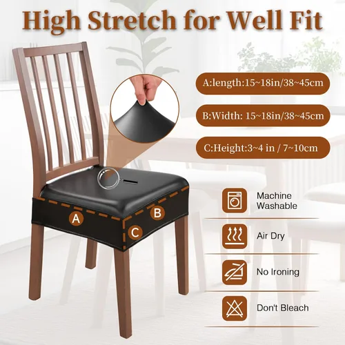 Vista 6 de Juego de 4 fundas de asiento impermeables para sillas de comedor, fundas de asiento de cocina de cuero, resistentes a las manchas, fundas elásticas