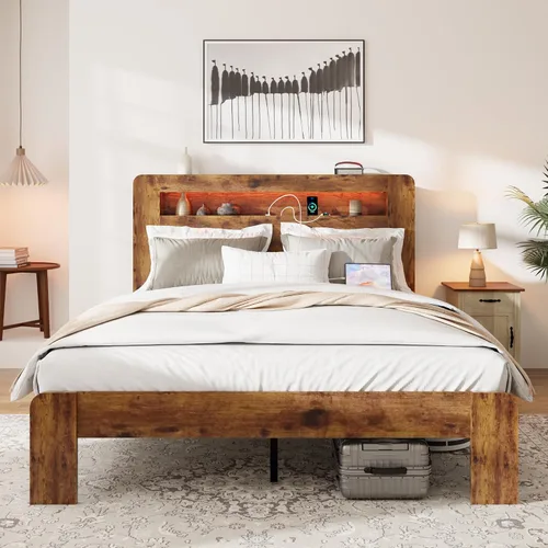 Vista 9 de Marco de cama matrimonial con almacenamiento de cabecero, marco de cama de plataforma de madera con estantería y estantes, estación de carga y luces