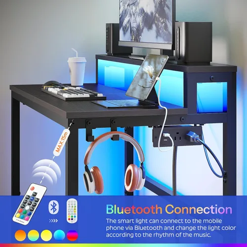 Vista 6 de YATINEY Escritorio pequeño para computadora con estación de carga y luces LED, escritorio para juegos con soporte para monitor, escritorio
