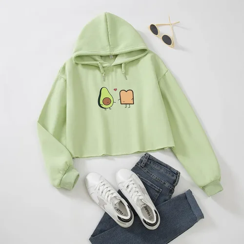 Vista 3 de Sudadera con capucha de algodón con estampado de aguacate, con bolsillo, Amarillo, naranja, verde, morado.