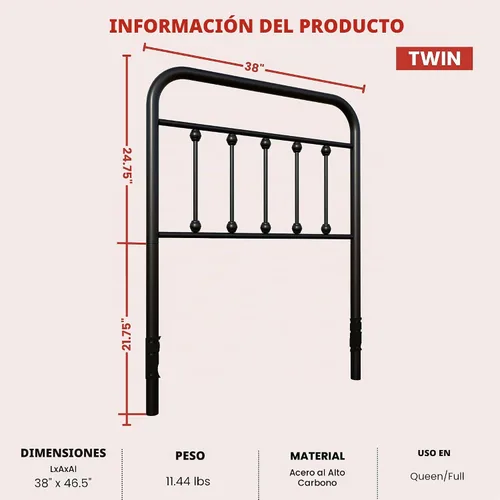 Vista 2 de Vintage Twin Size Metal Bed Frame Height Adjustable Headboard Only, Wrought Iron Black Farmhouse Bed Frame Headboard, Easy Assembly, Short