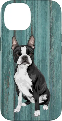Vista 4 de Boston Terrier Faux Blue Wood Background Case for iPhone 17