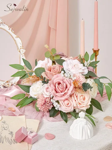 Vista 4 de Serwalin - Flores artificiales color rosa polvoriento, decoración del hogar para boda