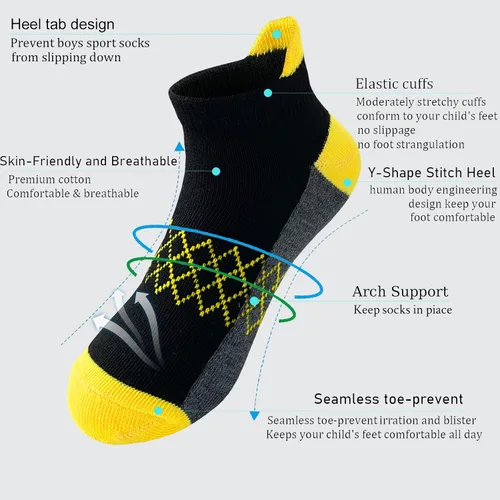 Vista 2 de Calcetines para niños, 24 pares, media acolchada, corte bajo, calcetines deportivos para tobillo para niños pequeños y grandes, edad 3-14