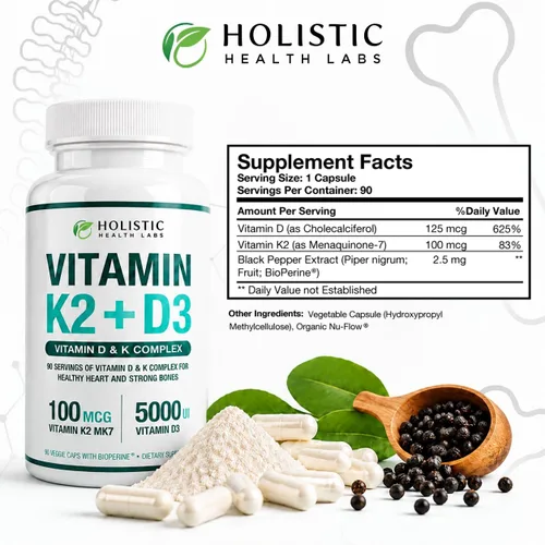 Vista 7 de Vitamina K2 + D3 de absorción máxima (5000UI), 90 cápsulas vegetales de MK-7 (Menaquinona-7) y colecalciferol (con BioPerina) Suministro de 3 meses
