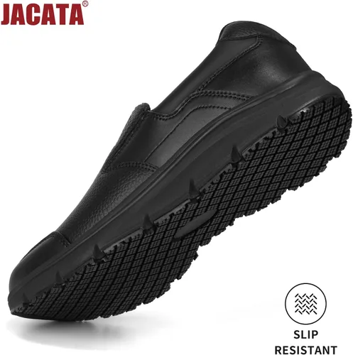 Vista 4 de Jacata Zapatos de trabajo negros antideslizantes para hombre, servicio de alimentos, zapatos de cuero resistentes al agua y antideslizantes sin