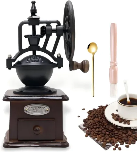 Vista 7 de Molinillo de café manual de madera, estilo vintage, molinillo de café de mano, molinillo de café con manivela de cerámica, cepillo de limpieza