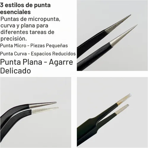 Vista 2 de HowFixit Juego de pinzas de precisión, acero inoxidable antiestático ESD con punta curva, micro punto y puntas planas para reparación