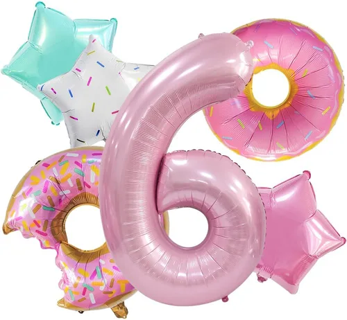 Vista 12 de Decoraciones de dona para el primer cumpleaños, suministros de decoración de fiesta de cumpleaños para niñas, 40 pulgadas, color rosa, 6 globos