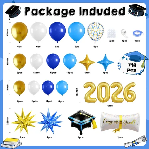 Vista 2 de Kit de arco de globos de graduación azul y dorado 2026, decoraciones de graduación 2026, globos dorados del número 2026 con explosión de estrella