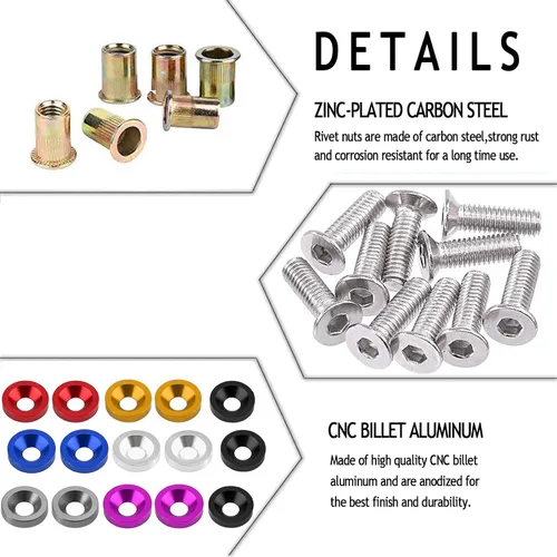 Vista 2 de Kit de 20 piezas para vestir motor: arandelas de aluminio, pernos y tuercas de remache (negro)