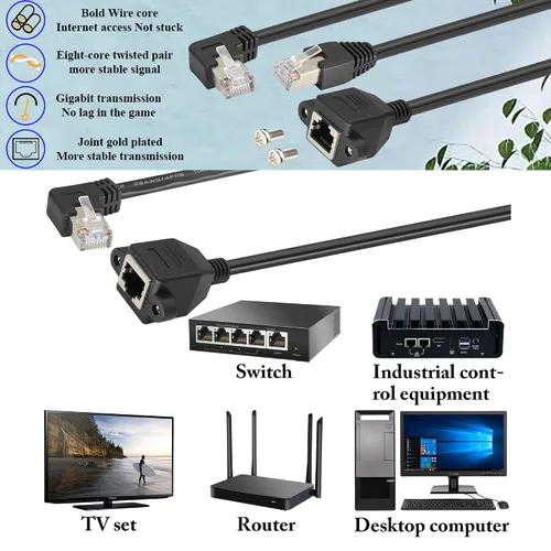 Vista 5 de Cable de extensión de red LAN RJ45 en ángulo izquierdo Cat6 RJ45 de 90 grados macho a hembra blindado para red Ethernet de montaje en panel