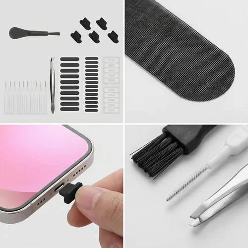 Vista 6 de Kit de cubierta antipolvo para enchufe y altavoz, protector universal de puerto de carga USB-C y juego de malla de altavoz para teléfono con cepillo