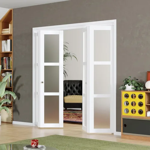 Vista 17 de BARNER HOME Puerta plegable, para abertura de 24"×80", panel plegable de puerta de 3 hojas de vidrio templado esmerilado con kit de herrajes