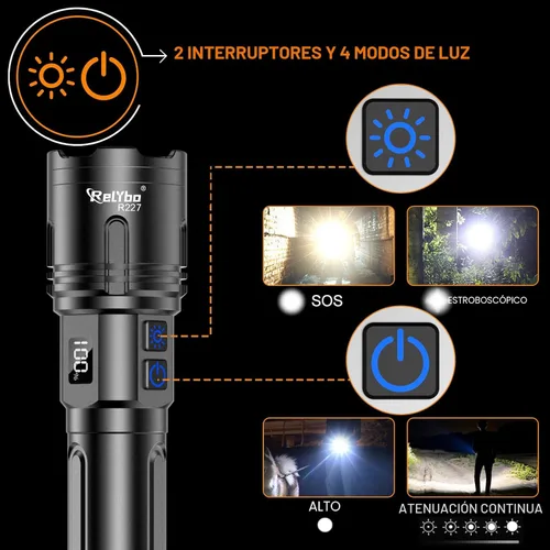 Vista 4 de Relybo - Linternas recargables de alto lúmenes, linterna LED de 100000 lúmenes Super Bright High Powered Flashlights, Long Rang 5000 FT, 2 Switch