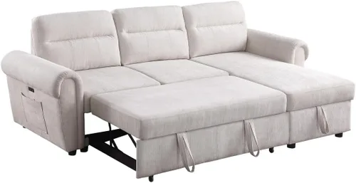 Vista 2 de Lilola Home Hugo Sofá modular reversible de felpilla beige de 97 pulgadas con diván de almacenamiento, cama extraíble, puertos de carga USB