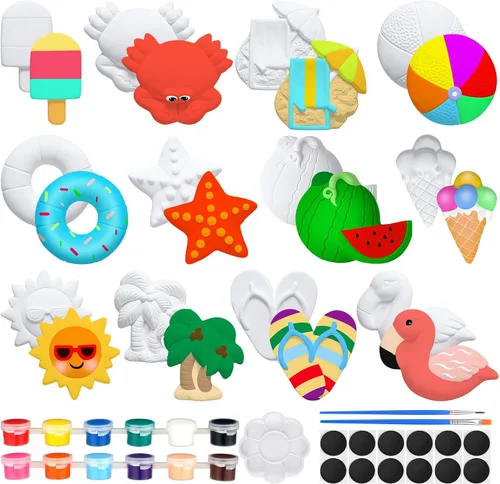 Vista 10 de Sinmoe 12 juegos de kit de arte y manualidades, kit de pintura de cerámica sin pintar DIY, pinta tus propias figuras con 12 imanes, 2 pinceles y 1