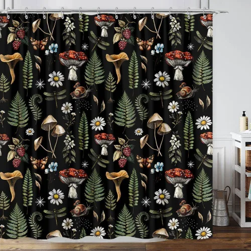Vista 37 de Cortina de ducha de mariposa floral negra y dorada, cortina de ducha bohemia con diseño botánico de flores oscuras para baño con gancho, juego