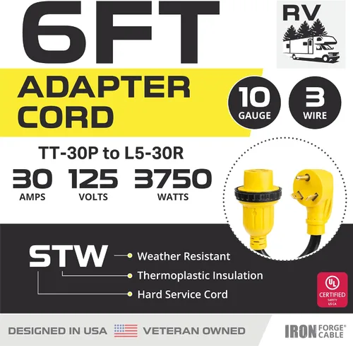 Vista 2 de Iron Forge Cable Cable de extensión RV de 30 amperios de 6 pies - 10/3 STW TT-30P a NEMA L5-30R 125v Cable de alimentación de RV resistente para uso