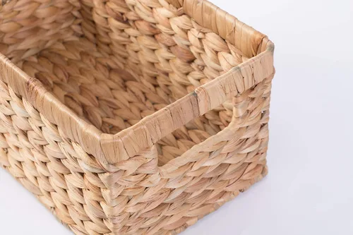 Vista 5 de Cesta rectangular de mimbre de jacinto de agua tejido natural con asas, organizador de almacenamiento pequeño, bandeja de cesta poco profunda de 12