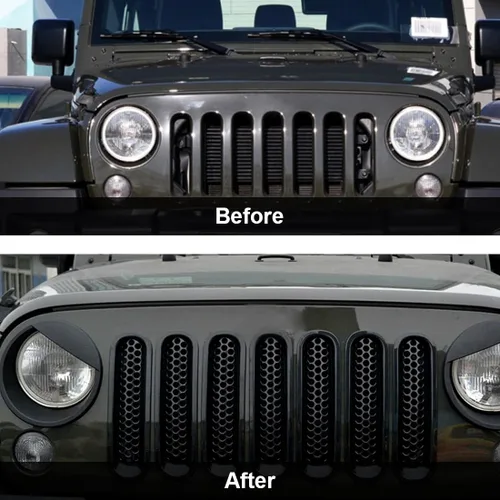 Vista 6 de Cubierta de rejilla frontal de malla con clip y cubierta para faros delanteros 2007-2017 para Jeep Wrangler JK JKU – Biseles de faros delanteros