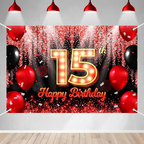 Vista 14 de Telón de Fondo Banner de Feliz 10º Cumpleaños Tema Negro y Rojo con Fondo de Neón Brillante y Moda para Fiesta de Cumpleaños Fotografía Accesorio