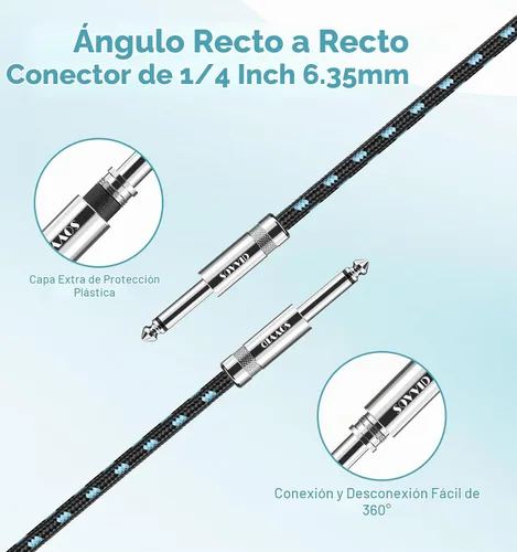 Vista 6 de Paquete de 2 cables de guitarra de 6 pies - Cable de instrumento recto de un cuarto de pulgada, cable de guitarra eléctrica, cables de guitarra