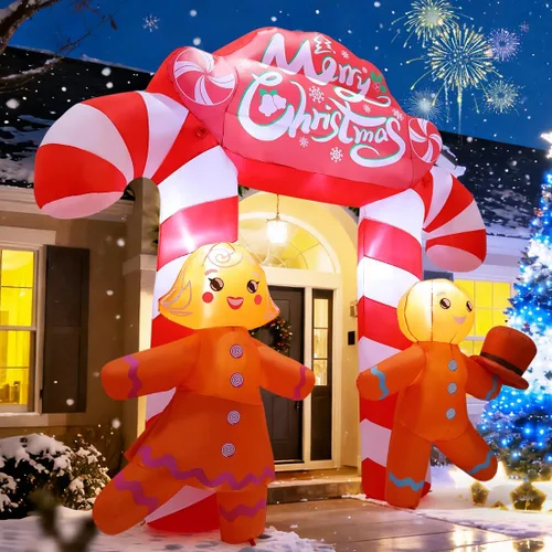 Vista 3 de GOOSH Arco inflable de Navidad de 9.6 pies para decoración al aire libre, bonito arco de bastón de caramelo con pareja de pan de jengibre con LED