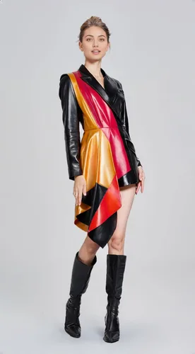 Vista 4 de Diseñador exclusivo medio peplum chaqueta de cuero genuino para las mujeres diseño multicolor negro rojo bronceado