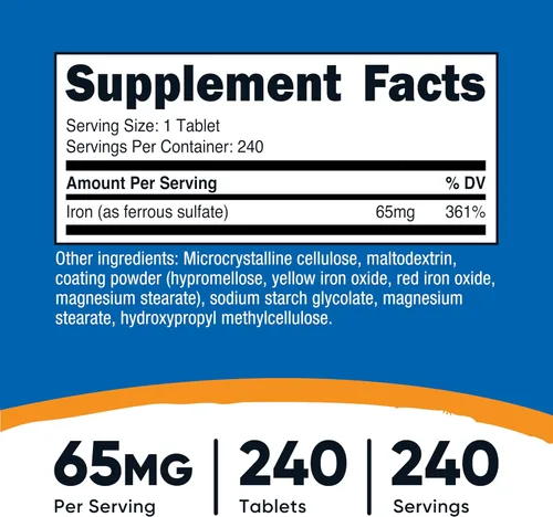 Vista 2 de Nutricost Hierro (Como Sulfato Ferroso) 65mg, 240 Tabletas - Sin OGM, Sin Gluten