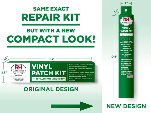 Vista 2 de Kit de parches de vinilo RH Adhesives con PVC flexible reforzado de 10" x 10", tubo de 1 oz. de cemento de vinilo HH-66 TF, pincel aplicador, Negro