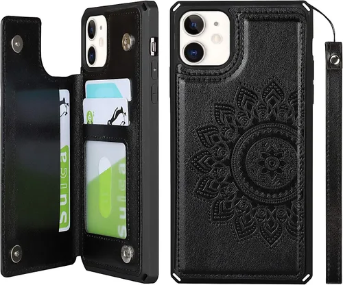 Vista 15 de iCoverCase Funda compatible con iPhone 11 con tarjetero para mujer, bloqueo RFID en relieve, piel sintética con correa de muñeca de 6.1 pulgadas