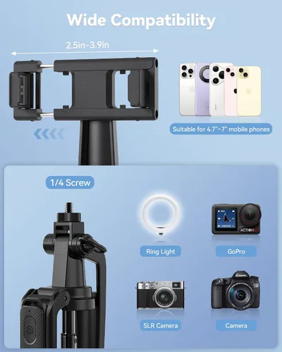 Vista 7 de TECKNET Trípode de teléfono de 71 pulgadas y palo para selfie, soporte de trípode portátil extensible para teléfono celular con control remoto