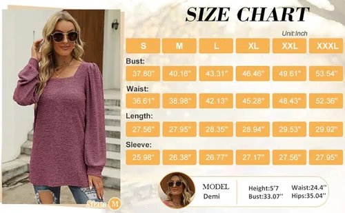Vista 4 de WIHOLL Camisetas tipo túnica para mujer, ajuste holgado, manga larga, cuello cuadrado