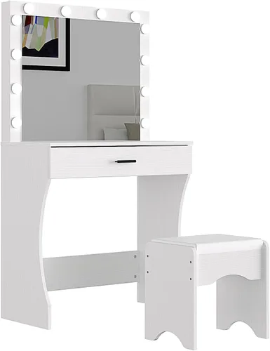 Vista 9 de Panana Escritorio de tocador con espejo y luces, negro, tamaño mediano, soporte de mesa, mesa de tocador de maquillaje con taburete, dormitorio