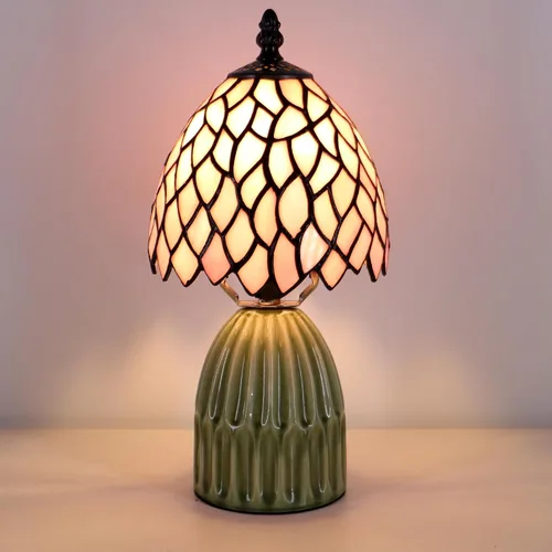 Vista 4 de Tiffany Stained Glass Mushroom Table Lamp 12.5 Inch -Pink Leaf Tiffany Lamp,6X6X12.5 Inch,Small Night Light,Ceramic Base, Mini Accent Light
