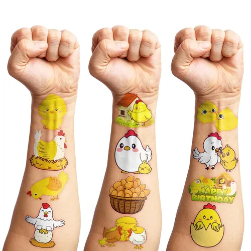 Vista 9 de 80 tatuajes temporales de pollo para niños, recuerdos de fiesta de cumpleaños de animales de granja, bonitos suministros temáticos de granero