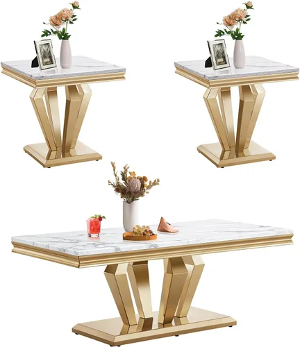 Vista 11 de SSLine Moderna mesa de centro de 1 pieza para sala de estar, mesa de centro de lujo de mármol sintético con patas de acero inoxidable en forma de S