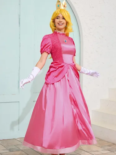 Vista 3 de Poboola Disfraz de princesa de Halloween para mujer, vestido de cosplay para adultos, vestido clásico de fiesta con corona, aretes y guantes