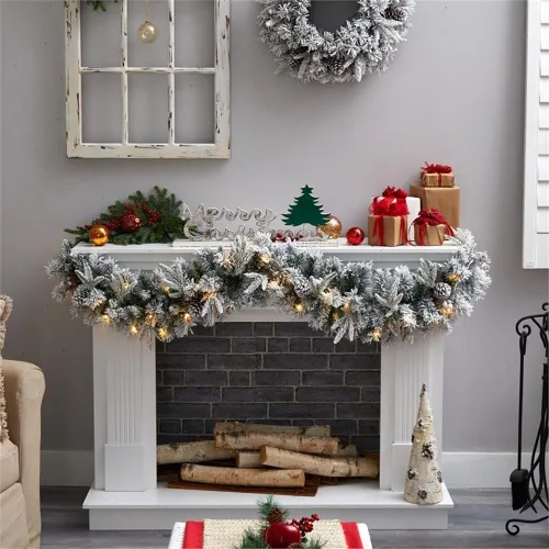 Vista 4 de Pemberly Row Guirnalda de Navidad flocada de 6 pies con conos de pino y 35 LED blanco cálido