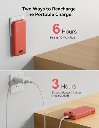 Vista 7 de Banco de poder aonidi de 12000mAh ultraportátil con cables y enchufe de pared AC incorporados, paquete de batería para teléfono celular con carga